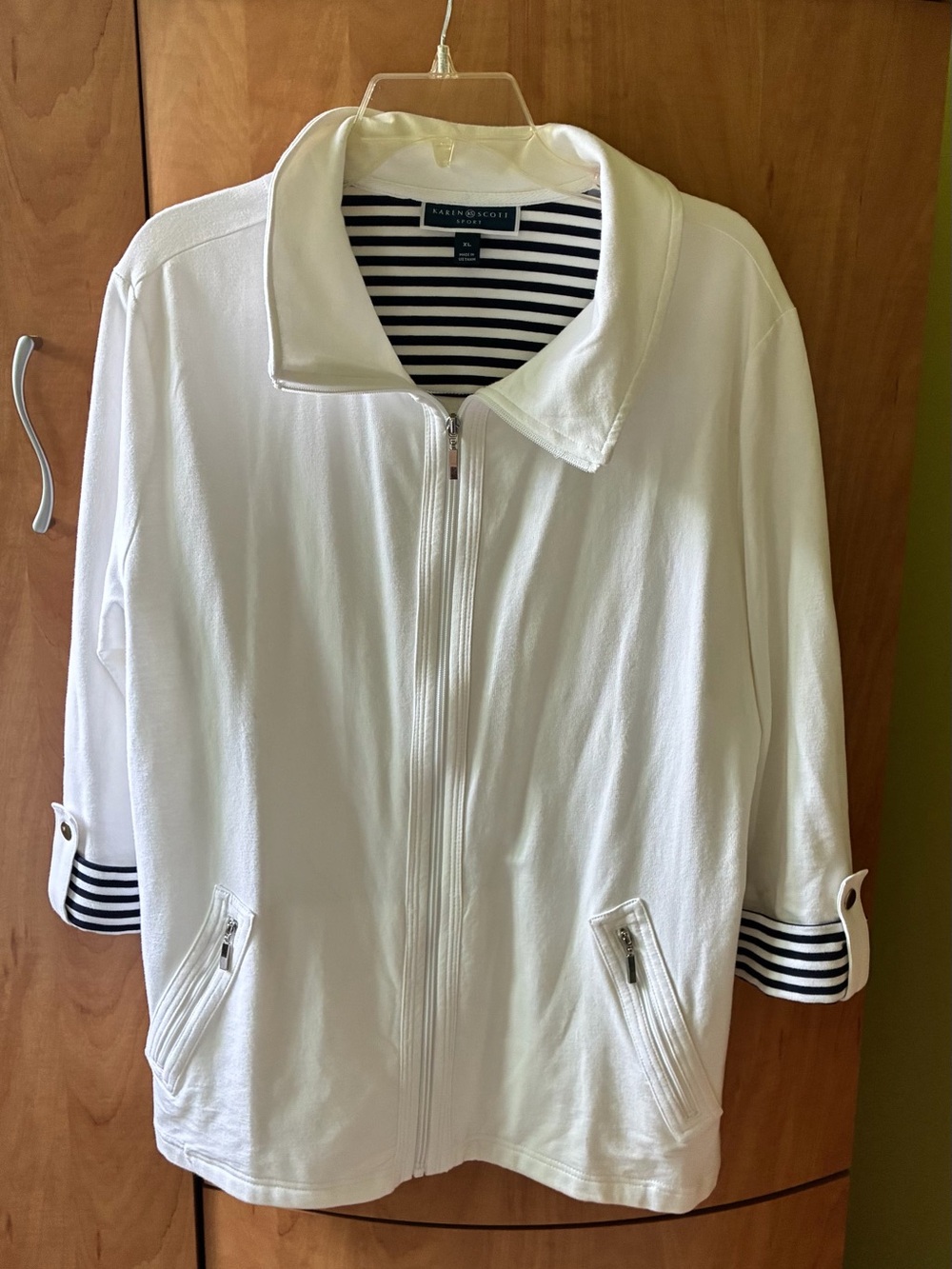 Karen Scott White Zip-Front Bomber Jacket with Navy Stripe Trim